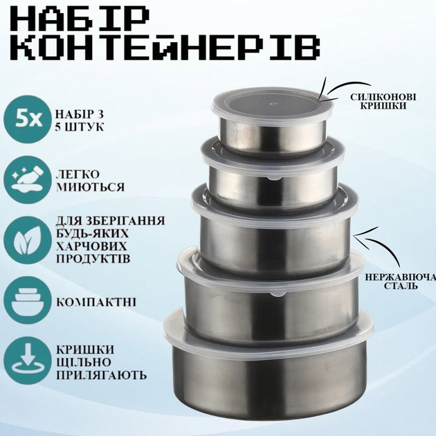 Набір харчових контейнерів Unique 5шт із нержавіючої сталі Львів - зображення 1