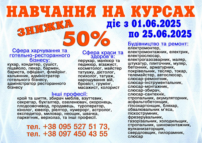 Курси кухар, кондитер, сушист, піццеолі, пекар, бвармен, барист Київ - зображення 1