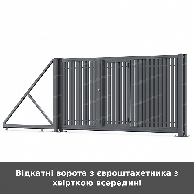 Відкатні ворота з євроштахетника з хвірткою всередині Луцк - изображение 1